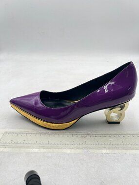 FSJ Purple Gold Chain Chunky Heel Pumps Pointed Toe Slip On High Heel Shoes
